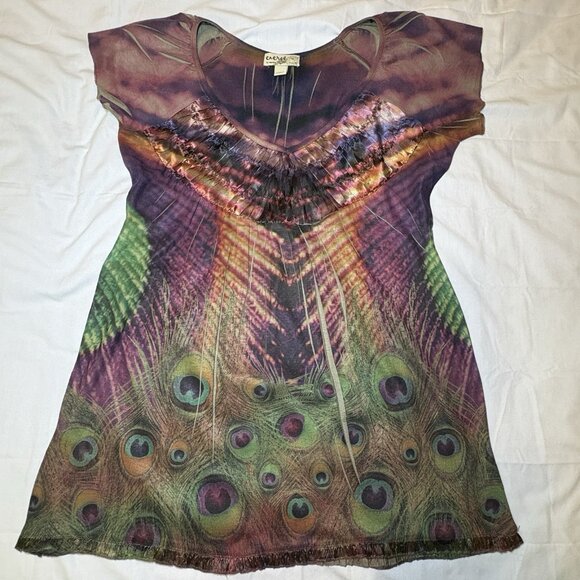 Energe‎ One World Womens Top Size Medium Peacock Y2K Sublimation Boho Glam - Picture 5 of 10